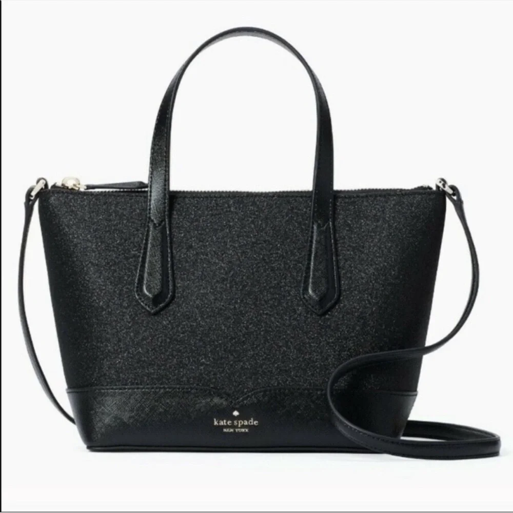 Kate Spade New York Black Glitter Satchel Tote with Crossbody Strap NWT